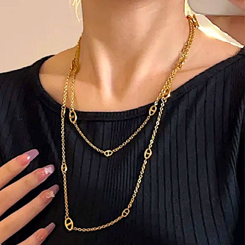 Multilayer Gold Plated Pig nose Necklace Bracelet Set Stainless Steel - Picture 8 of 15